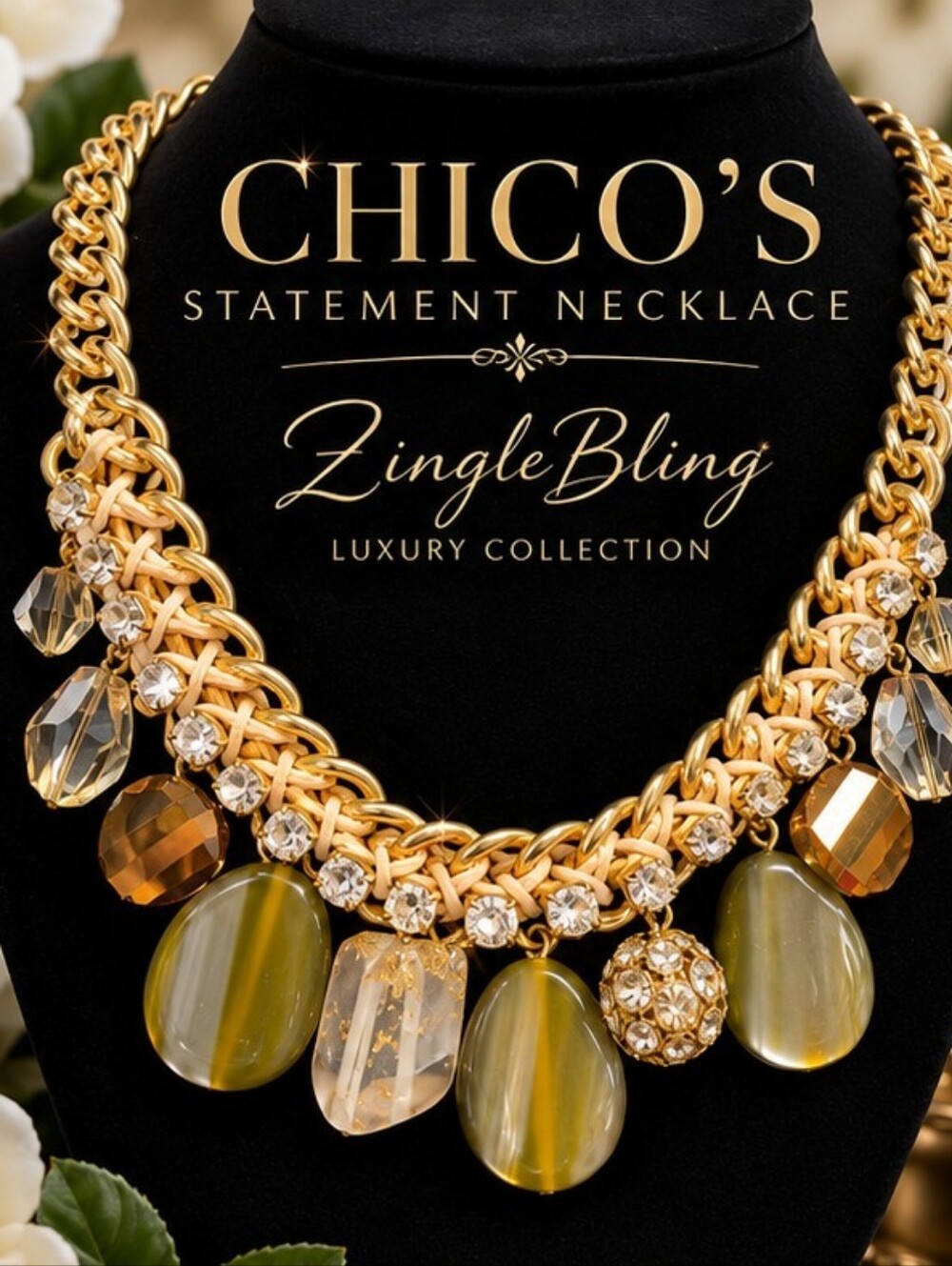 Chico’s Gold Tone Crystal Rhinestone Mixed Media Statement Bib Necklace